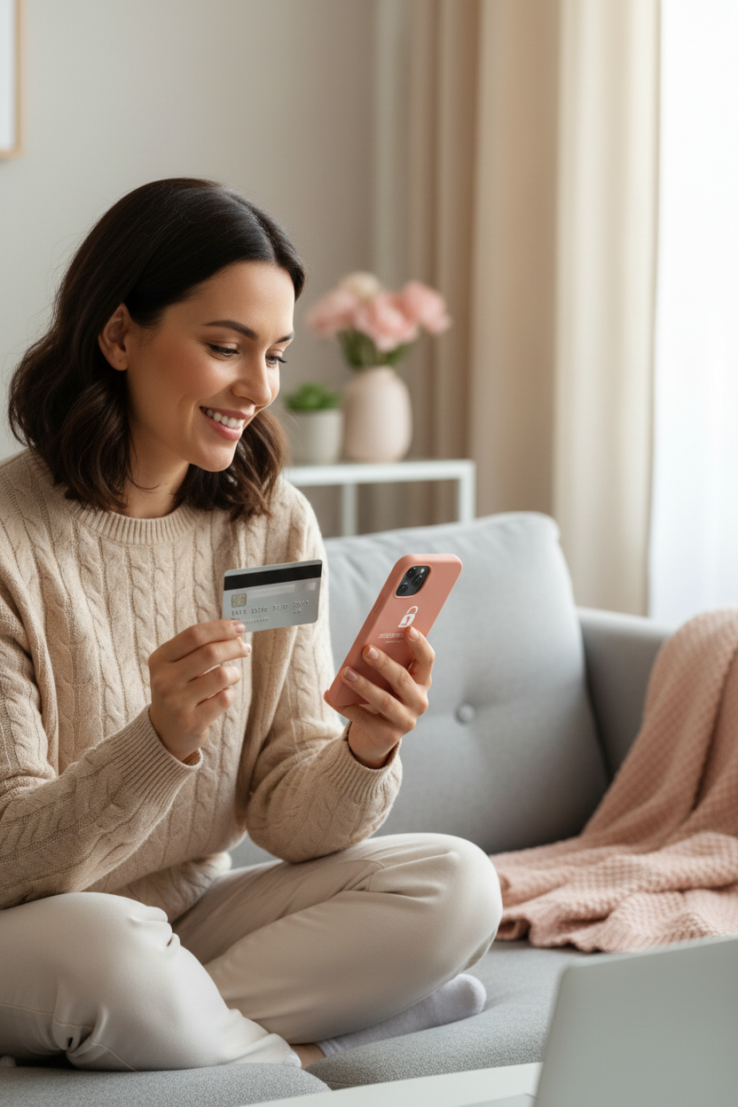 Pago seguro - Mujer coherente con tarjeta